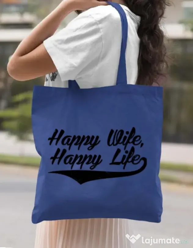 Sacosa din panza Happy life Albastru regal