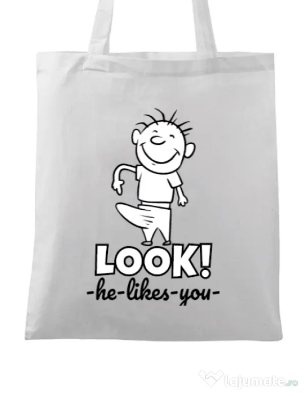 Sacosa din panza He likes you Alb
