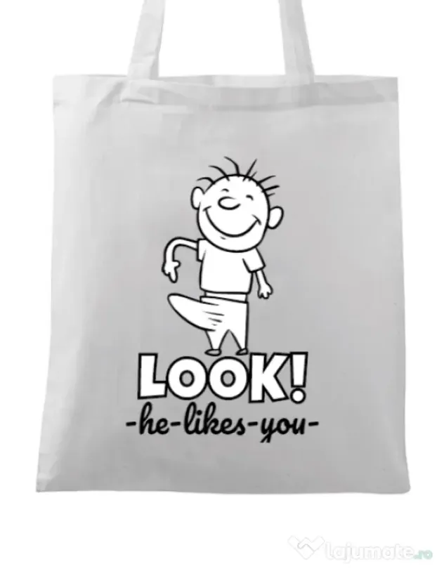 Sacosa din panza He likes you Alb