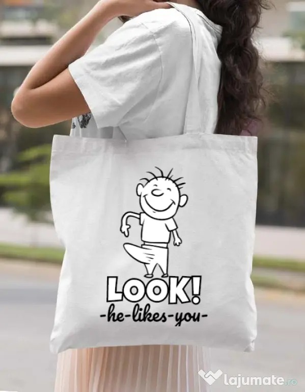 Sacosa din panza He likes you Alb