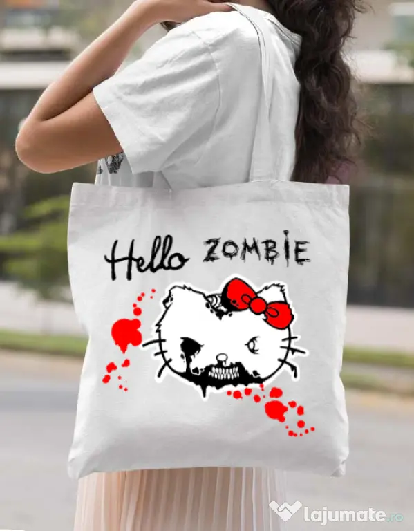 Sacosa din panza Hello zombie Alb