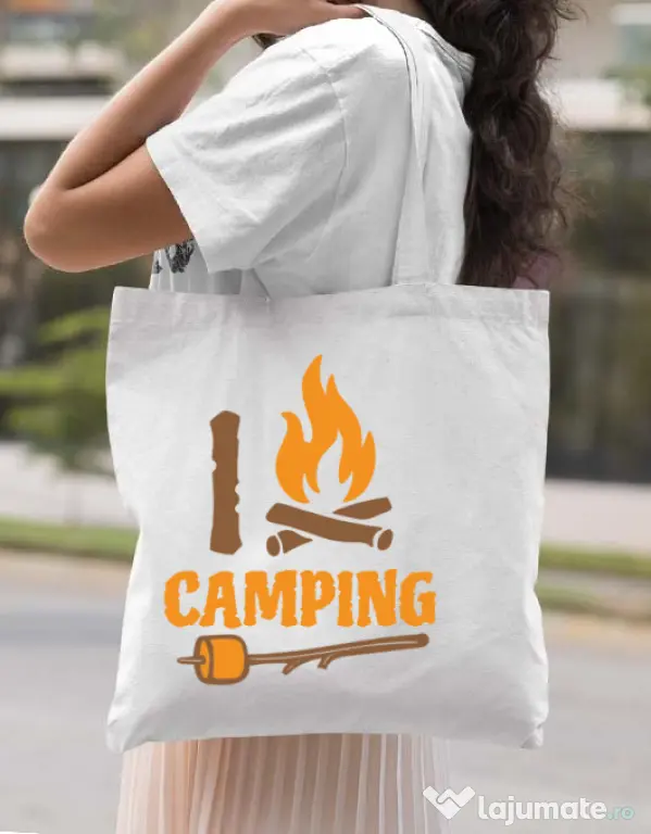 Sacosa din panza I love Camping Alb