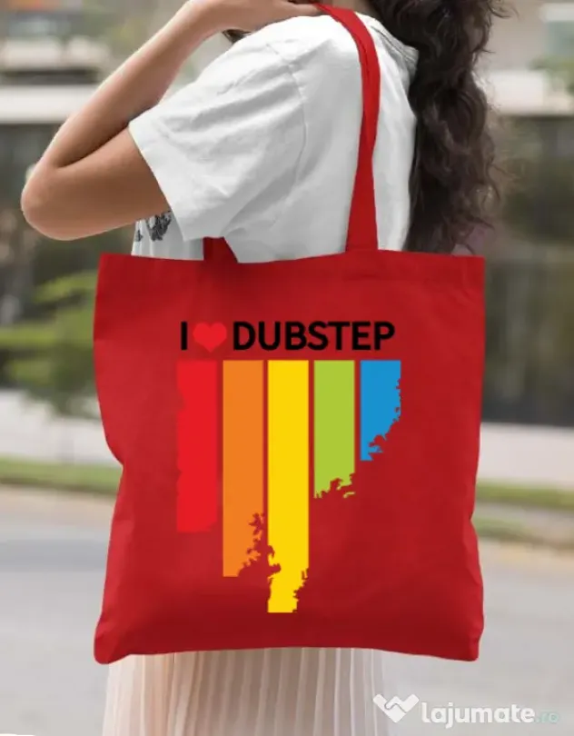 Sacosa din panza I love dubstep Rosu