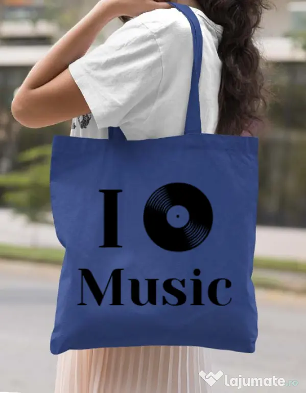 Sacosa din panza I love music Albastru regal