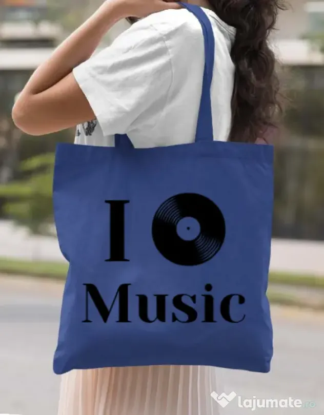 Sacosa din panza I love music Albastru regal