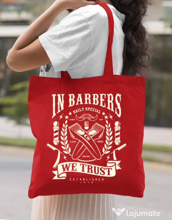 Sacosa din panza In Barbers We Trust Rosu