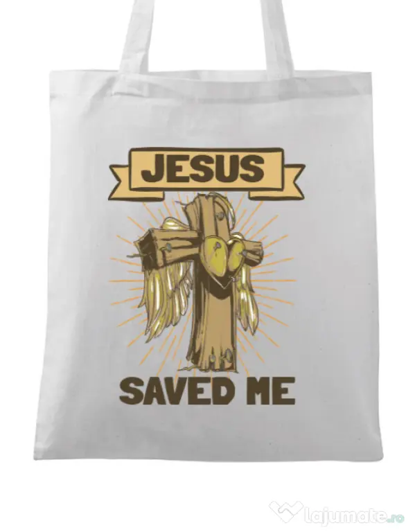 Sacosa din panza Jesus Saved Me Alb