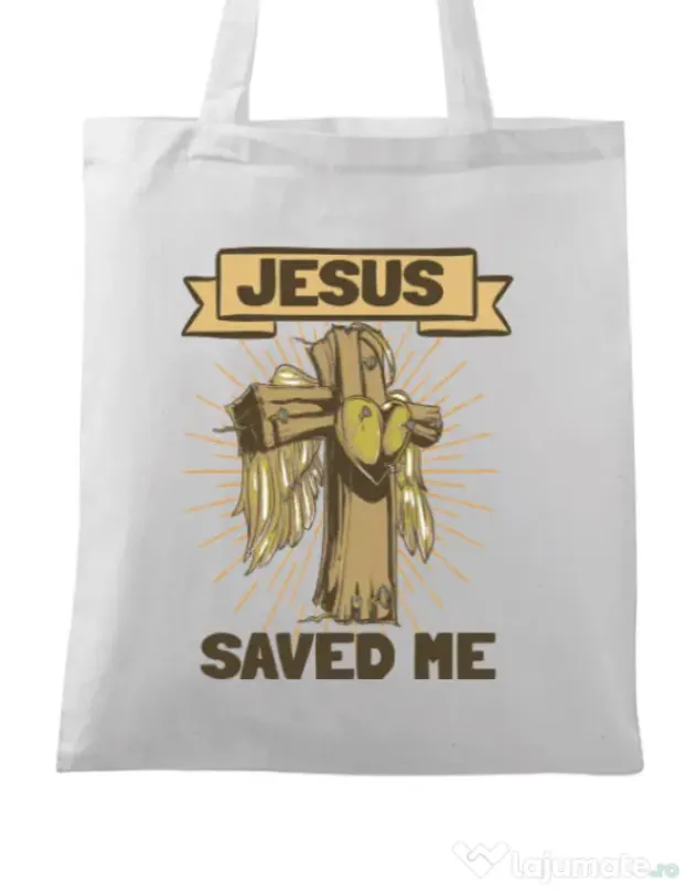 Sacosa din panza Jesus Saved Me Alb