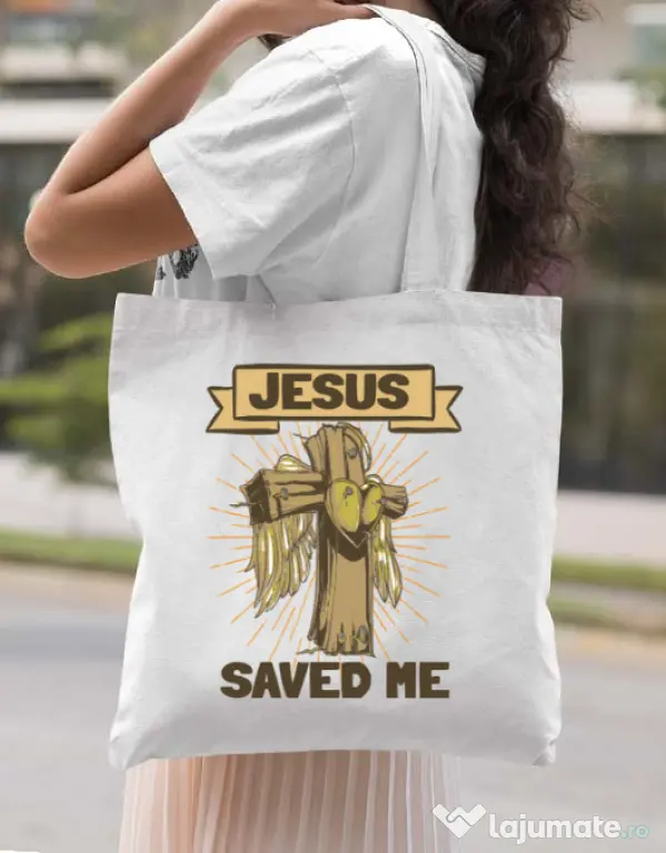 Sacosa din panza Jesus Saved Me Alb