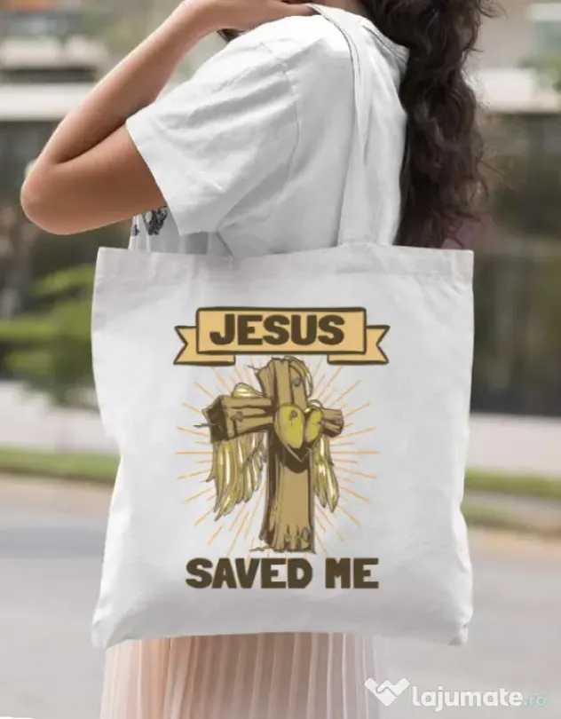 Sacosa din panza Jesus Saved Me Alb