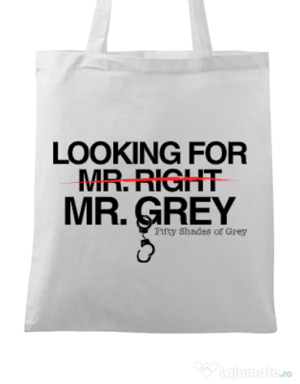 Sacosa din panza Looking for Mr Grey Alb