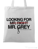 Sacosa din panza Looking for Mr Grey Alb