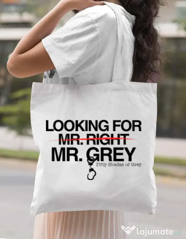 Sacosa din panza Looking for Mr Grey Alb