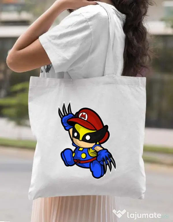 Sacosa din panza Mario Wolverine Alb