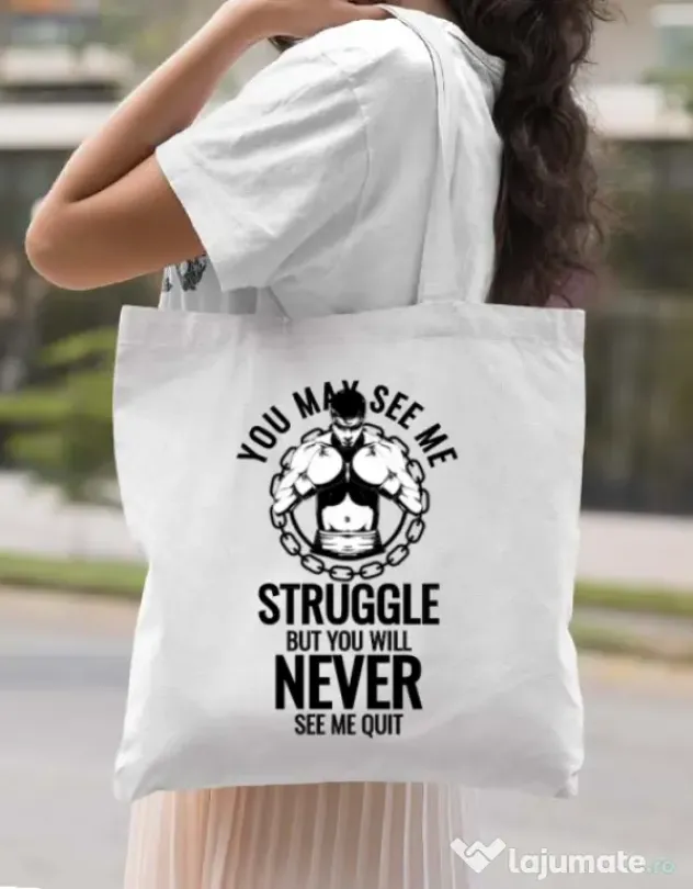Sacosa din panza Never quit Alb