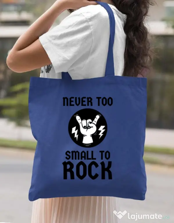 Sacosa din panza Never too small to rock Albastru regal