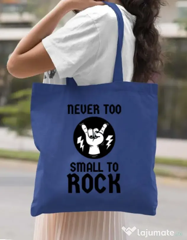 Sacosa din panza Never too small to rock Albastru regal