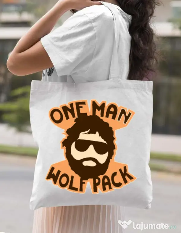 Sacosa din panza One man wolf pack Alb