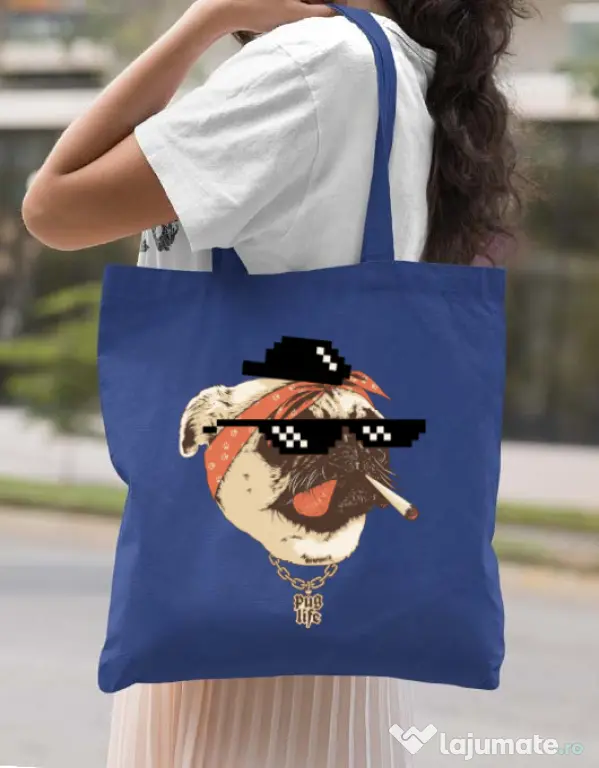 Sacosa din panza Pug Life Albastru regal