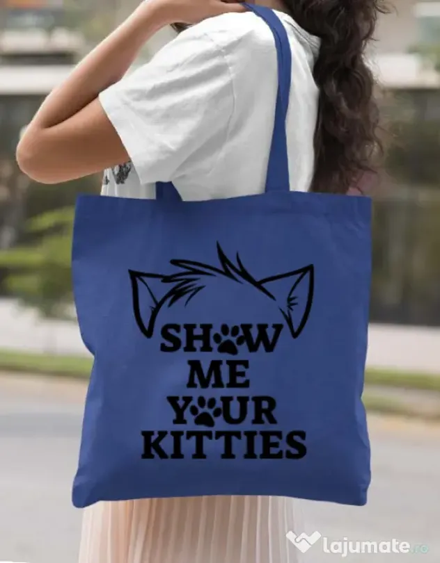 Sacosa din panza Show me your kitties Albastru regal