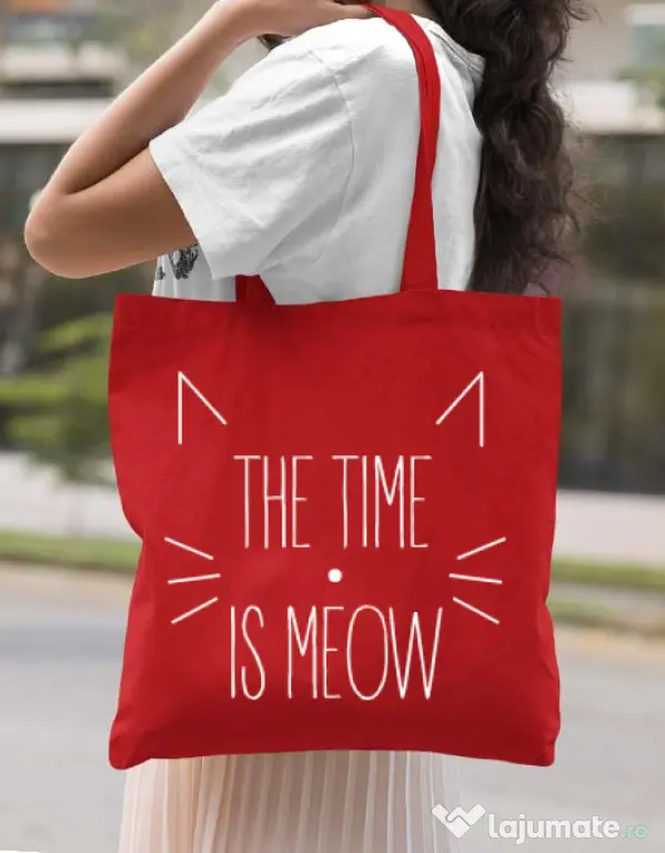 Sacosa din panza The time is meow Rosu