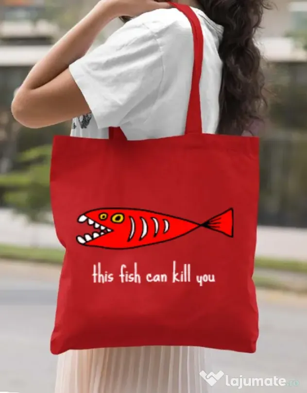 Sacosa din panza This fish can kill you Rosu