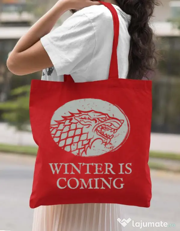 Sacosa din panza Winter is coming Stark Rosu