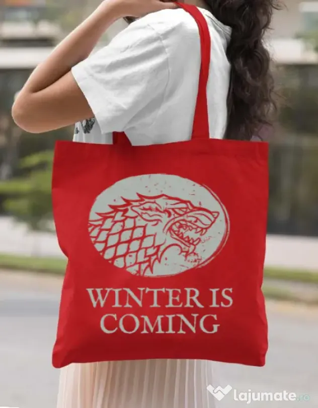 Sacosa din panza Winter is coming Stark Rosu