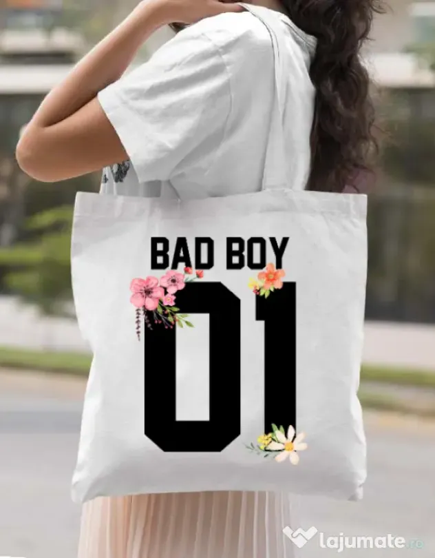 Sacosa din panza Bad boy Alb