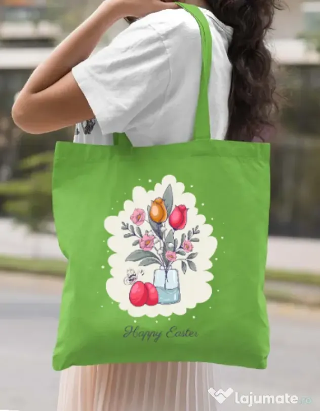 Sacosa din panza HAPPY EASTER Verde mar