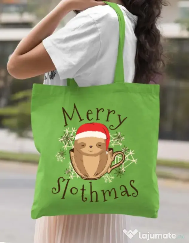 Sacosa din panza Merry slothmas Verde mar