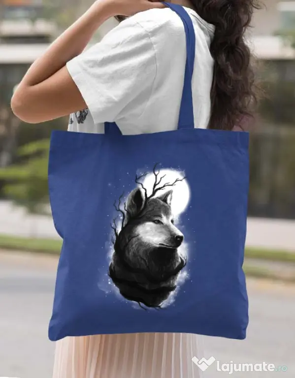 Sacosa din panza Night wolf Albastru regal