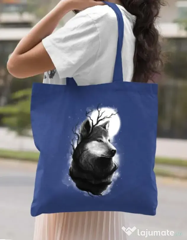 Sacosa din panza Night wolf Albastru regal