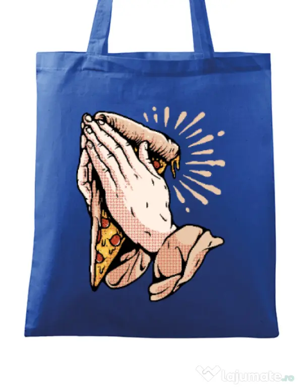 Sacosa din panza Pray for pizza Albastru regal