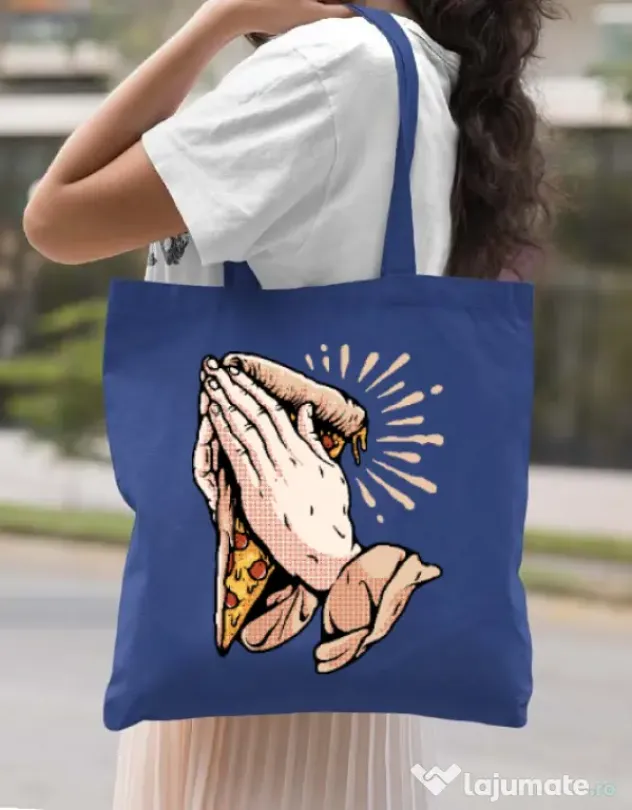 Sacosa din panza Pray for pizza Albastru regal