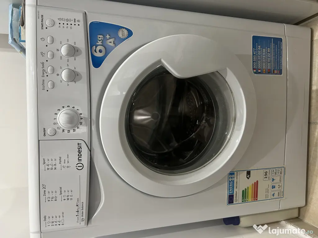 Vând mașină de spălat marca Indesit, 6 kg, 1000 RPM, clasa de energie A