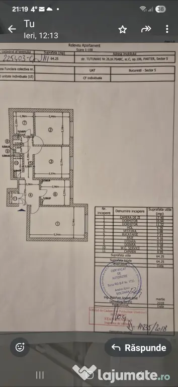 Apartament 3 camere cf.1 Rahova-Sebastian