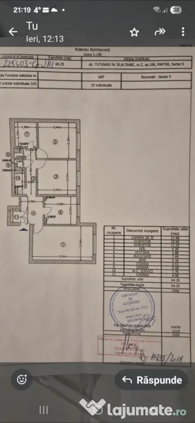 Apartament 3 camere cf.1 Rahova-Sebastian