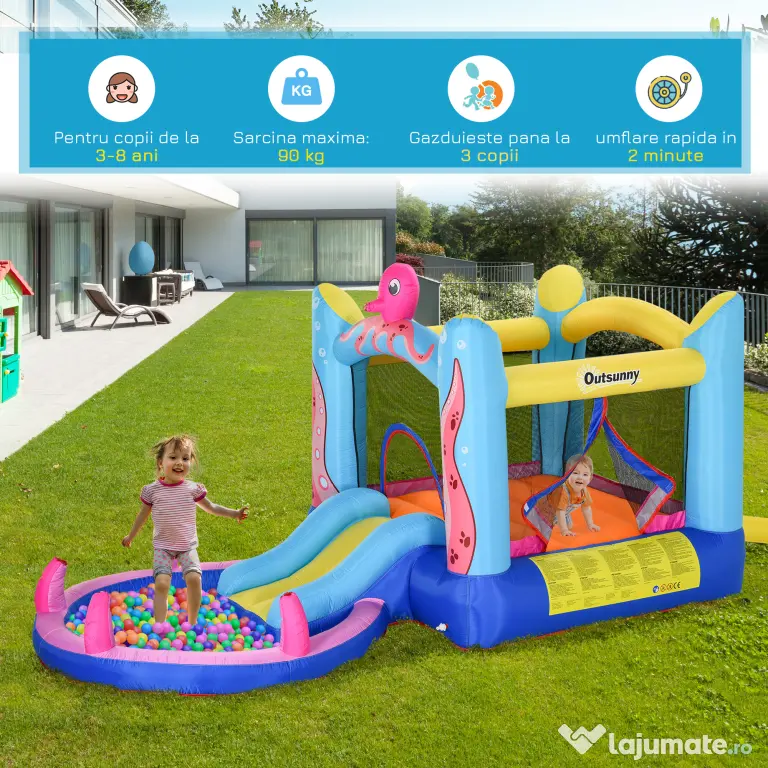 Outsunny Castel Gonflabil cu Trambulină și Tobogan, pentru Copii 3-12 Ani, 380x200x180cm, Multicolor | Aosom Romania