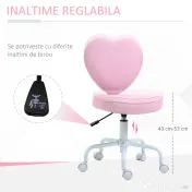 HOMCOM Scaun de Birou în Formă de Inimă, Bază cu 5 Roți, Înălțime Reglabilă, 40x50x79-89 cm, Roz | Aosom Romania