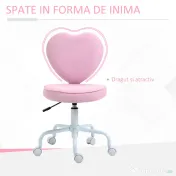 HOMCOM Scaun de Birou în Formă de Inimă, Bază cu 5 Roți, Înălțime Reglabilă, 40x50x79-89 cm, Roz | Aosom Romania