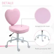 HOMCOM Scaun de Birou în Formă de Inimă, Bază cu 5 Roți, Înălțime Reglabilă, 40x50x79-89 cm, Roz | Aosom Romania