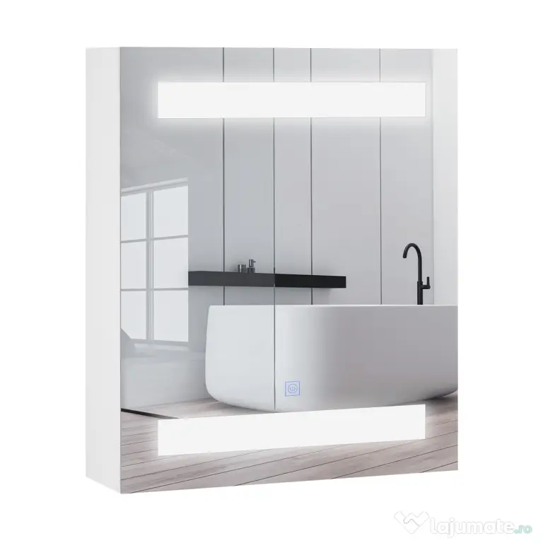 HOMCOM Dulap Baie cu 1 Usa Basculanta Oglinda si Lumini LED 60 x 50 x15cm | Aosom Romania