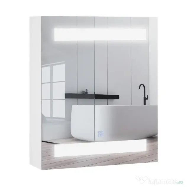 HOMCOM Dulap Baie cu 1 Usa Basculanta Oglinda si Lumini LED 60 x 50 x15cm | Aosom Romania