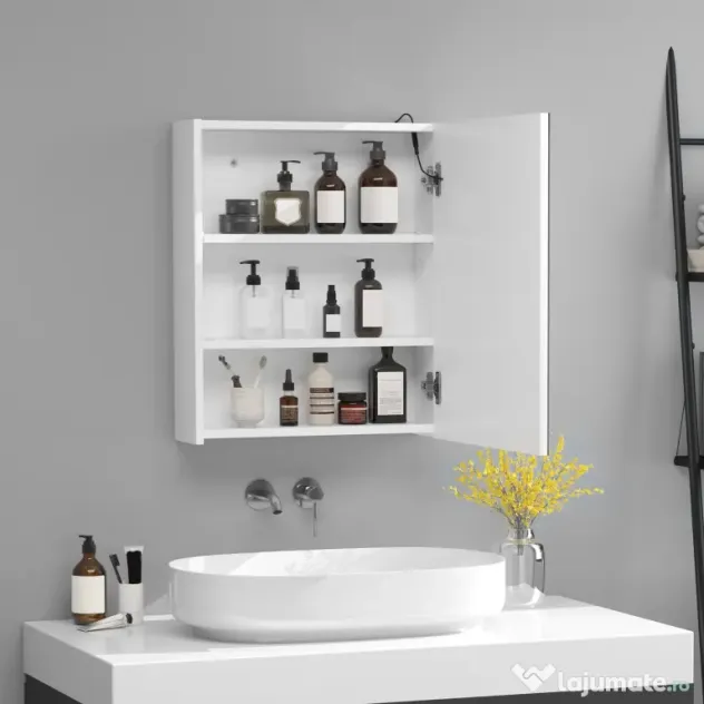 HOMCOM Dulap Baie cu 1 Usa Basculanta Oglinda si Lumini LED 60 x 50 x15cm | Aosom Romania