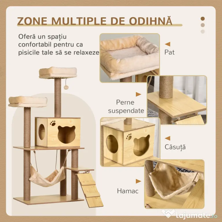 PawHut Ansamblu de joacă pentru pisici, cu hamac, paturi moi și stâlpi de zgâriat din sisal | Aosom Romania
