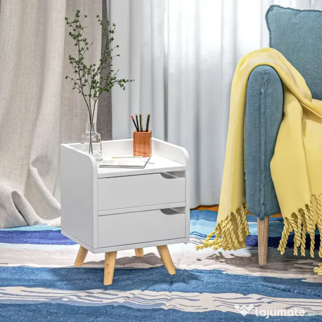 Noptiera alba cu 2 sertare extemsibilie, picioare din pin, mobila pentru casa,33x28x42cm HOMCOM | Aosom RO