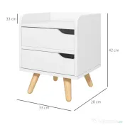 Noptiera alba cu 2 sertare extemsibilie, picioare din pin, mobila pentru casa,33x28x42cm HOMCOM | Aosom RO 