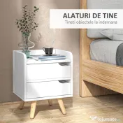 Noptiera alba cu 2 sertare extemsibilie, picioare din pin, mobila pentru casa,33x28x42cm HOMCOM | Aosom RO 
