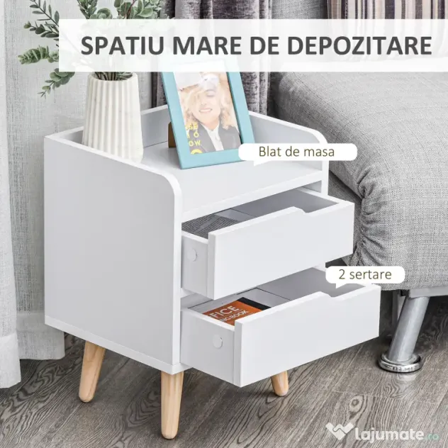 Noptiera alba cu 2 sertare extemsibilie, picioare din pin, mobila pentru casa,33x28x42cm HOMCOM | Aosom RO